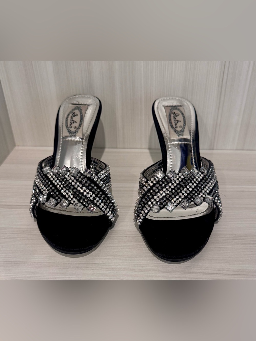 Italina Black Crystal-Embellished Slide Heels